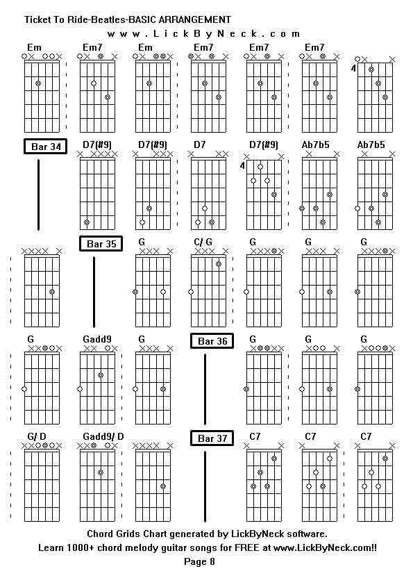 Chord Grids Chart of chord melody fingerstyle guitar song-Ticket To Ride-Beatles-BASIC ARRANGEMENT,generated by LickByNeck software.